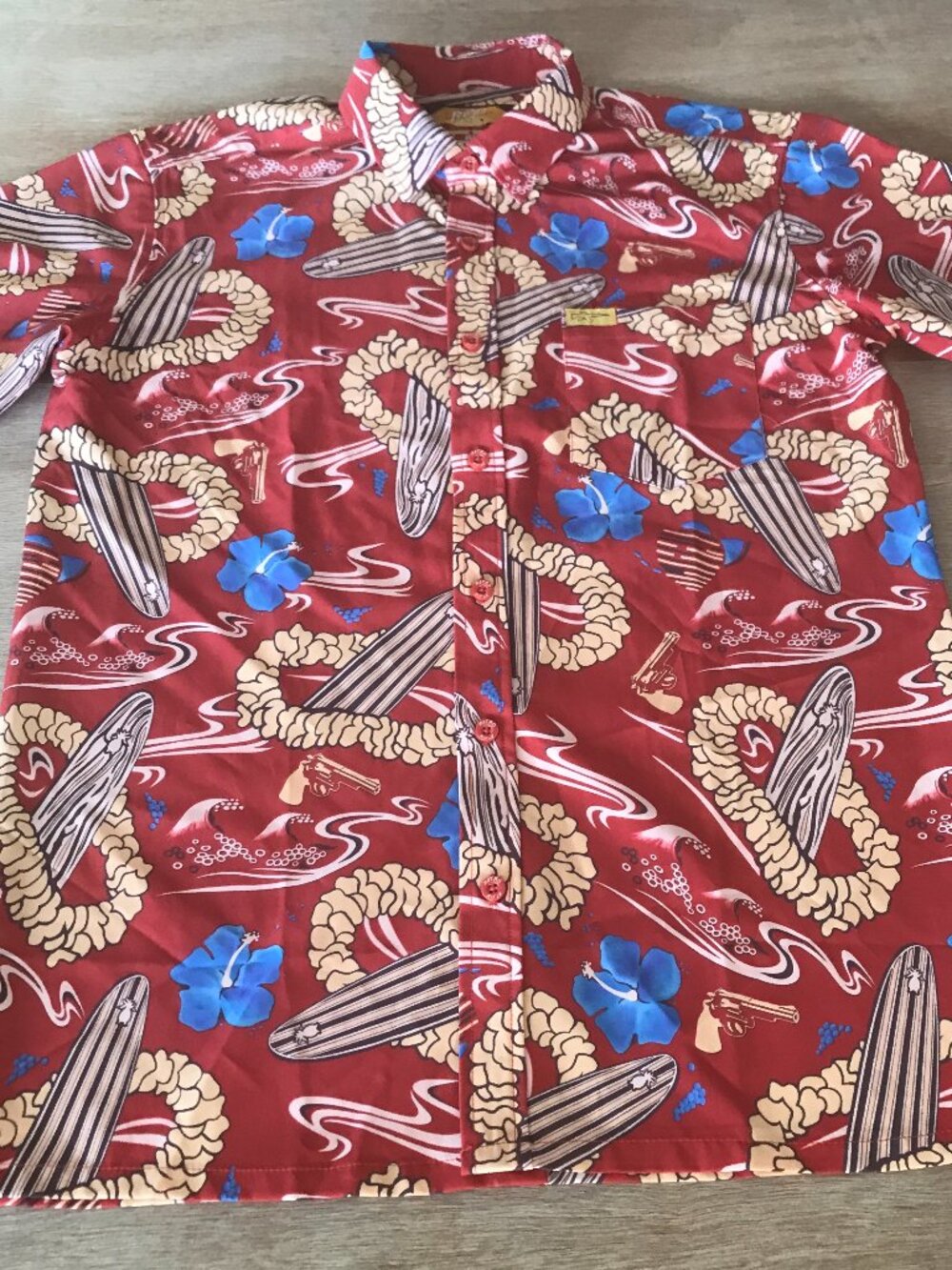 Fear and Loathing Hawaiian Shirt Men M Red Surfboard Floral Button Down Pocket